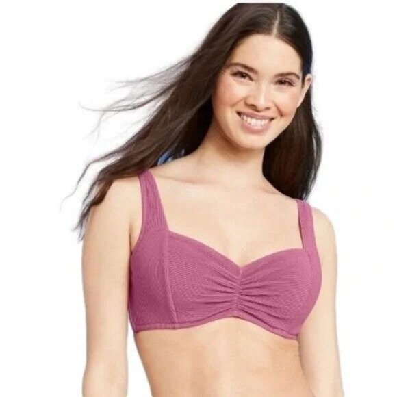 Shade & Shore Size 34C Mauve Purple Lightly Lined Pucker Ribbed Bikini Swim Top - Picture 1 of 5